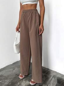 EURMUSE Pantalones de pierna ancha unicolor de cintura elástica - Beis - Ver 5
