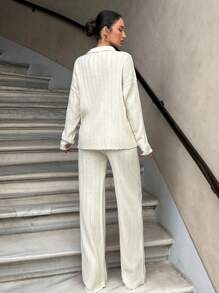 RueChic Ribbed Knitwear Cardigan & Knitwear Pants - Beige - View 2