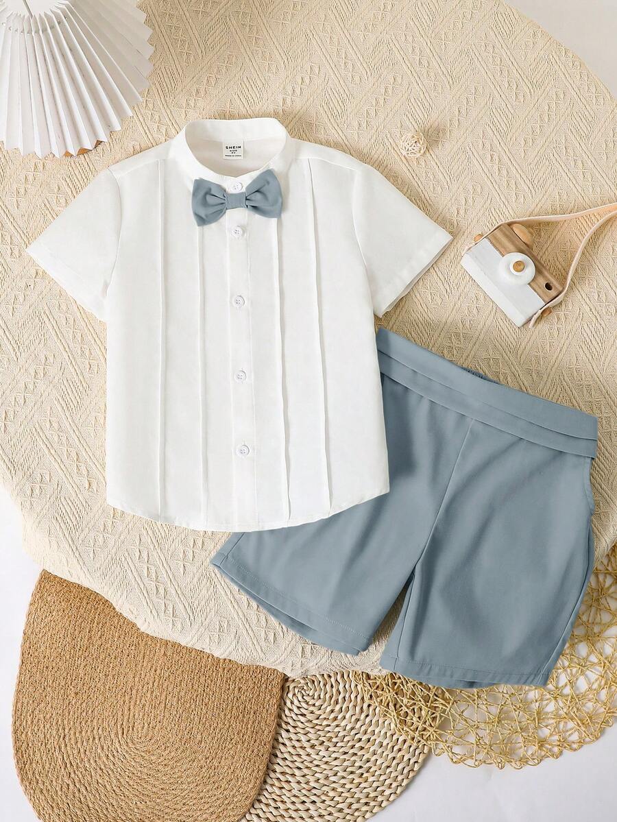 Set áo sơ mi và quần short có cổ thắt nơ cho bé trai - Màu xanh lam - Xem 1