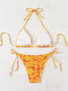 SHEIN Swim 女性夏季海灘花卉印花領口連帶性感比基尼套裝，隨機印花，三角杯，丁字褲 - 彩色 - 查看 2