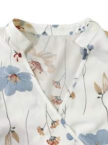SHEIN LUNE Chemise d'été décontractée à encolure en V encoche imprimé floral - Blanc - Voir 5