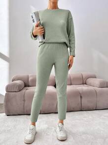 EURMUSE Women's Ribbed Long Sleeve T-shirt And Leggings Set - Green - View 4