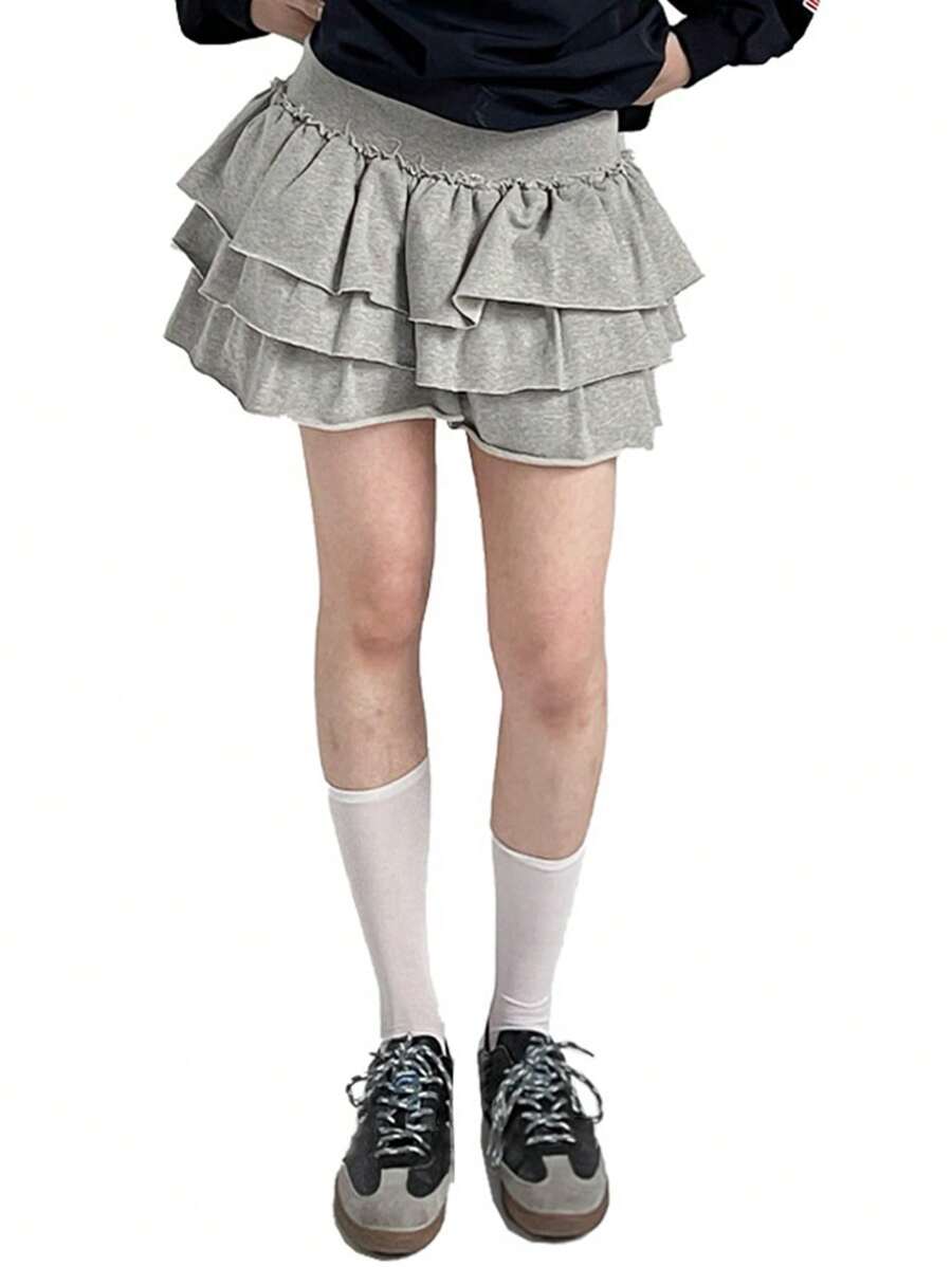 DAZY Women's Solid Color Cake Skirt With Safety Shorts, Short Length Summer,Ruffle