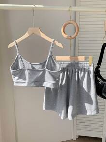 SHEIN EZwear Bộ áo ba lỗ dệt kim màu xám và quần đùi thun có miếng vá, trang phục thể thao mùa hè - Xám - Xem 2