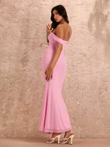 SHEIN BAE Vestido largo de sirena rosa con cuello de corazón sexy y romántico con decoración de flores 3D, ideal para vacaciones de verano en la playa y citas románticas. Con volantes y efecto reductor para mujeres - Rosa - Ver 2