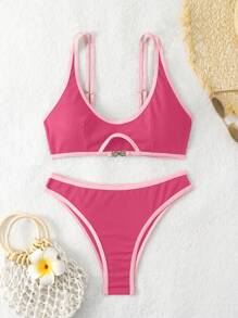 SHEIN Swim 女性夏季海灘比基尼套裝，帶有搶眼的邊緣切割細節，性感兩件式泳裝 - 粉色 - 查看 6