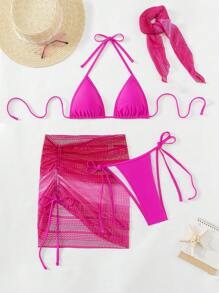 SHEIN Swim Women's Solid Color Halter Neck Bikini Set For Summer Beach, Bra & Bikini Bottom & Cover Up Skirt & Headband, Beach Clothes Bathing Suits Beachwear - Hot Pink - View 3