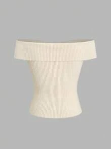 SHEIN Unity 女款純色針織露肩日常穿著上衣 - 杏色 - 查看 2