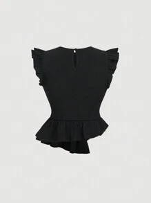 SHEIN MOD Black Vintage Asymmetric Pointed Hem Ruffle Edge Cap Sleeve Shirt,Back To School,Work,Wedding - Black - View 2