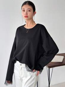 FRIFUL Camiseta holgada de manga larga para mujer de cuello redondo y unicolor de Primavera/Verano con borde de encaje, parte superior casual