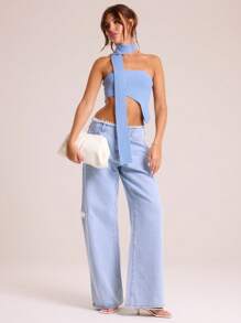MUSERA Bandeau Style Top Asymmetric Hem With Thin Tie Neck Scarf Summer Pastel - Blue - View 4