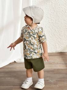 Cozy Pixies Baby Boy Knitted Soft Round Neck Short Sleeve Top With Plant & Flower Pattern, Solid Shorts 2pcs/Set - Army Green - View 6