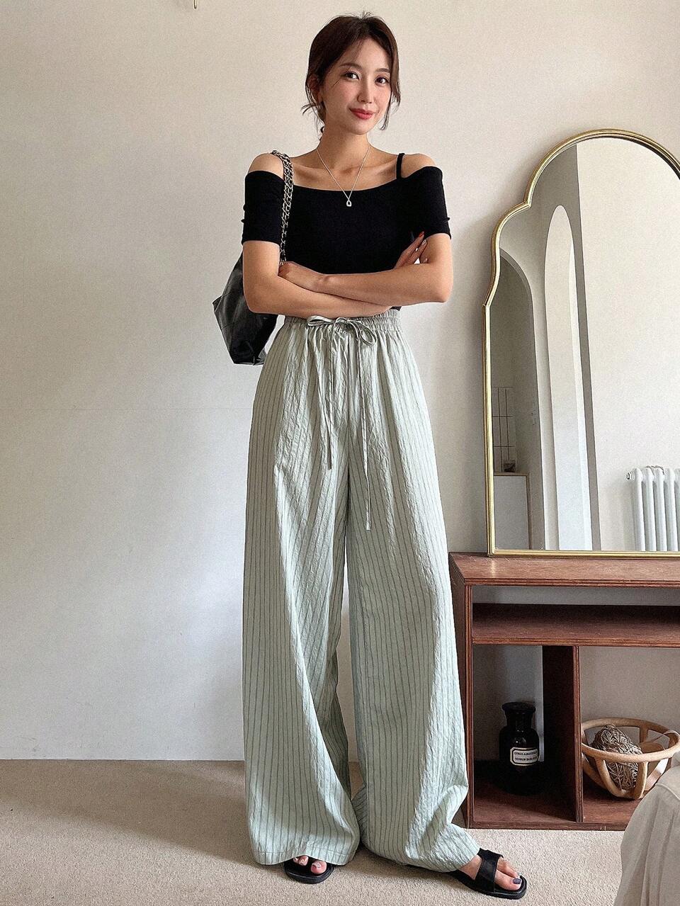 Women's Striped Drawstring Waist Wide-Leg Pants For Casual Wear