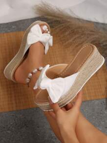 Sandalias de cuña para mujer con suela gruesa, pantuflas impermeables de plataforma con punta abierta para el verano, sandalias de suela de lino de talla grande, esencial para viajes - Blanco - Ver 4