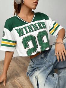 StreetHx Personalized Color-Block Short Ribbed Sporty Casual T-Shirt Graphic Tees Women Tops - Dark Green - View 6