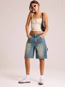 MUSERA Spaghetti Strap Bust Front Detail Top Vacation Spring Summer - Khaki - View 3