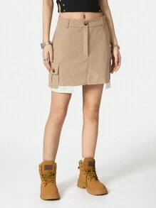 SHEIN EZwear 女性夏季街頭風工作裙，配有大口袋 - 卡其色 - 查看 5