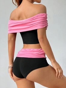 Flirla 夏季時尚拼色褶皺露肩短上衣和修身短褲套裝 - 黑色 - 查看 2