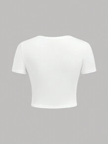 SHEIN 休閒圓領套頭純色舒適T恤套裝，適用於青少女 - 黑與白 - 查看 3