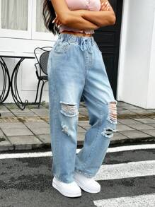 SHEIN PETITE Women's Drawstring Waist Ripped Straight Wide-Leg Denim Jeans - Blue - View 6
