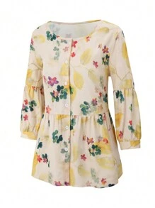 SHEIN LUNE Women's Floral Printed Shirt With Ruffle Hemmed Long Sleeve - Apricot - View 3