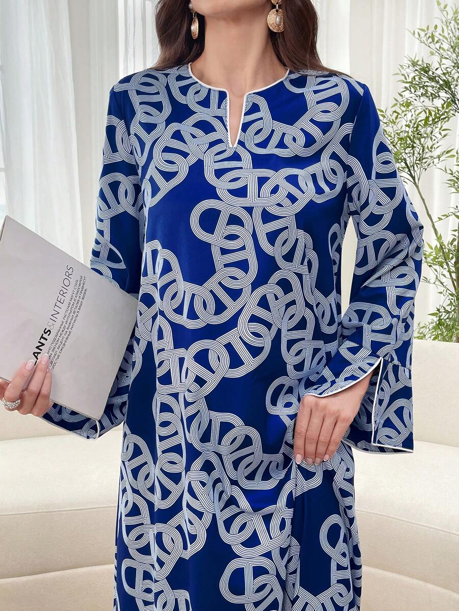 Yasmyna 优雅全身印花长袖 Jalabiya 缺口 V 领简约阿拉伯连衣裙、卡夫坦