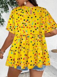 Breezaya Áo kiểu có viền nhún bèo in họa tiết chấm bi cỡ lớn - Nhiều màu - Xem 2