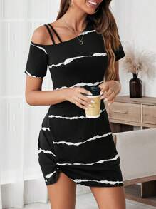 SHEIN LUNE Women's Summer Casual Asymmetric Collar Striped Colorblock Pleated Dress Summer Outfits For Women