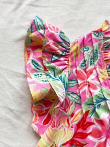 Soleia Vestido de verano suelto y casual en color rosa, con espalda ancha, decoración con volantes de madera y estampado floral tropical, adecuado para bodas, graduaciones y almuerzos