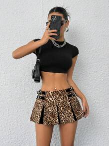 SHEIN ICON Cheetah Print Y2k Summer Low Waist Leopard Print Pleated Skirt With Eyelet Tape Decoration