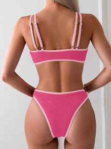 SHEIN Swim 女性夏季海灘比基尼套裝，帶有搶眼的邊緣切割細節，性感兩件式泳裝 - 粉色 - 查看 2