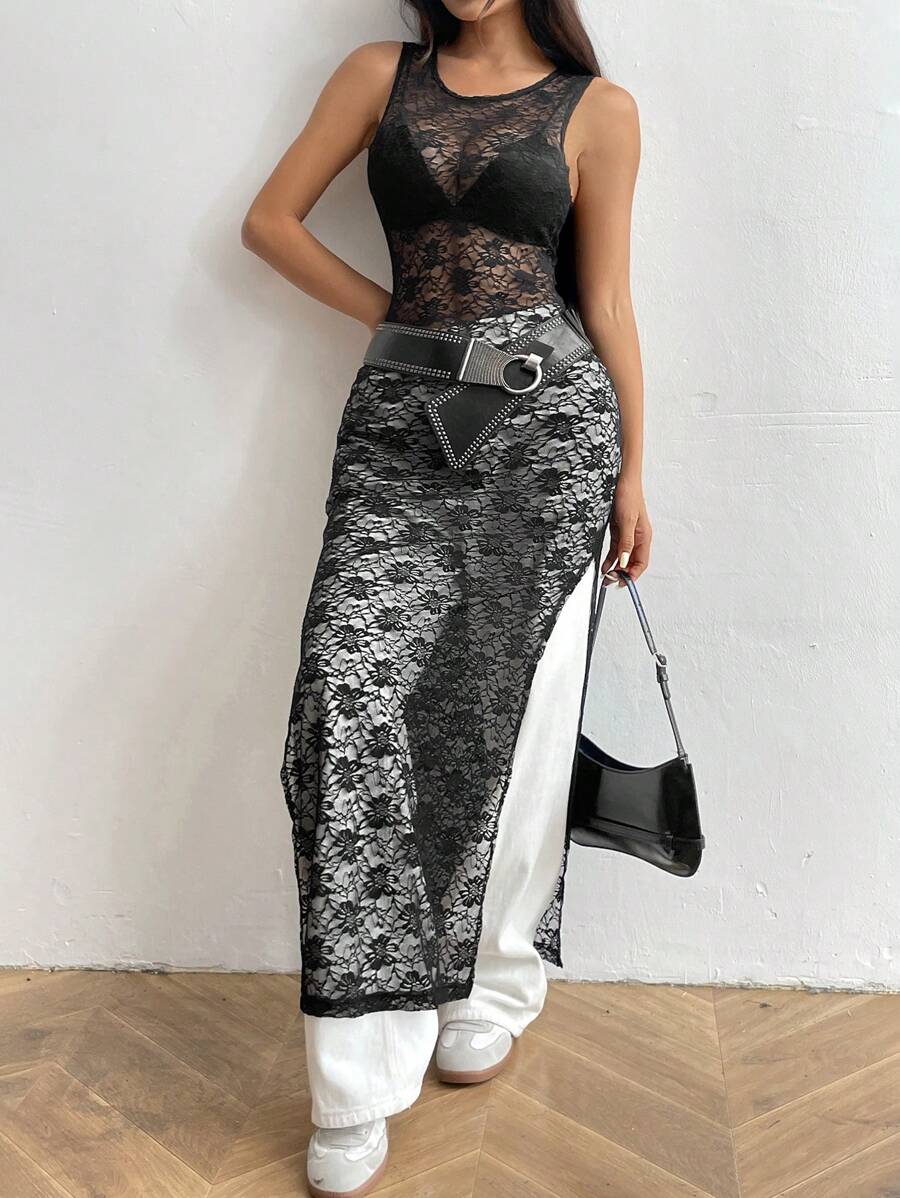 SHEIN Unity Summer Solid Color Round Neck Long Lace See-Through Split Hem Tank Top - Black - View 1