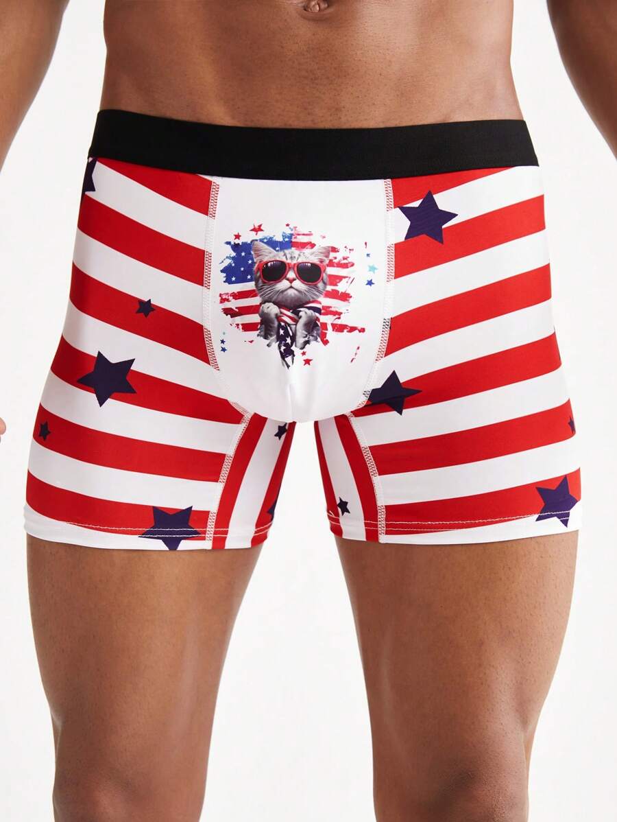 Men's American Flag Cat Printed Boxer Shorts - Red and White - View 1