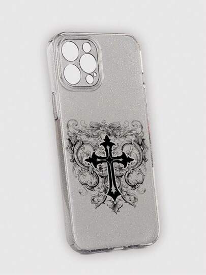 Goth 1pc Gothic Style Clear Glitter Phone Case With Cross Pattern