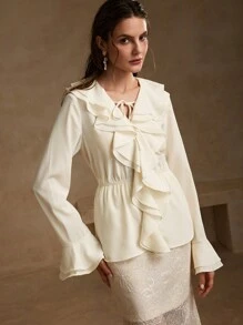 Anewsta Elegant Urban Professional Women's Cinching Waisted Woven Shirt - Beige - View 4