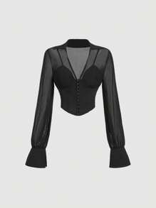 SHEIN MOD Black Waistband Stitching See-Through Mesh Party Date Top,Wedding Top,School Top,Workout Top,Teacher Top,Old Money Style