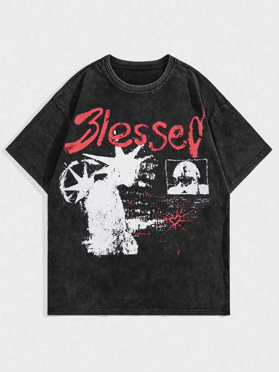 ROMWE MEN Grunge Punk Men's Blurry Portrait Print Washed T-Shirt, High Street Vintage - Black - View 1