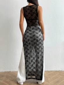SHEIN Unity Summer Solid Color Round Neck Long Lace See-Through Split Hem Tank Top - Black - View 2