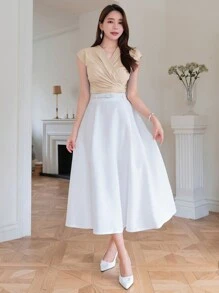 DAZY 女士夏季單色短袖V領交叉褶皺T卹