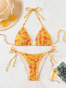 SHEIN Swim 女性夏季海灘花卉印花領口連帶性感比基尼套裝，隨機印花，三角杯，丁字褲 - 彩色 - 查看 1