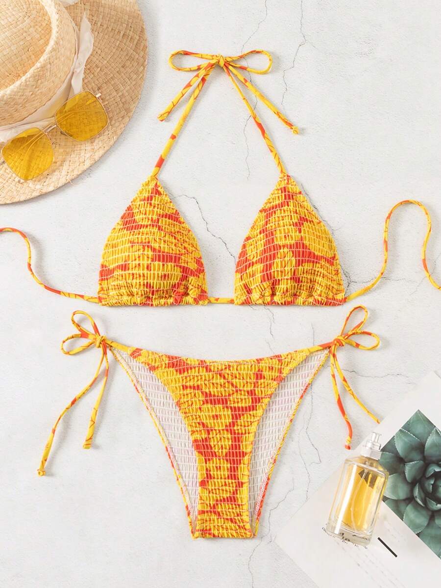 SHEIN Swim 女性夏季海灘花卉印花領口連帶性感比基尼套裝,隨機印花,三角杯,丁字褲 - 彩色 - 查看 1
