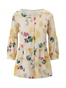 SHEIN LUNE Women's Floral Printed Shirt With Ruffle Hemmed Long Sleeve - Apricot - View 4