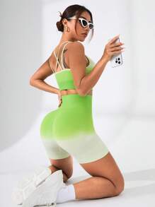 SHEIN Sports 女士漸層簡約日常運動套裝，胸圍和自行車褲套裝 - 彩色 - 查看 3