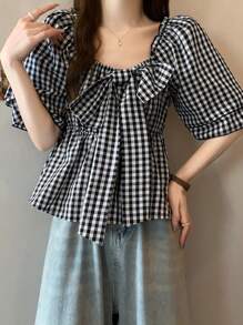 FRIFUL SHEIN X AYA NAKAMACHI Ladies' Plaid Printed Short Sleeve Shirt With Bow Decoration, Summer - Black and White - View 8