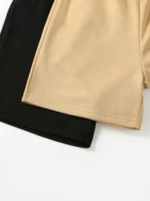SHEIN 2入組女童彈性腰間蜘蛛網心形圖案短褲，休閒運動短褲套裝，適用於春夏季 - 卡其色 - 查看 6