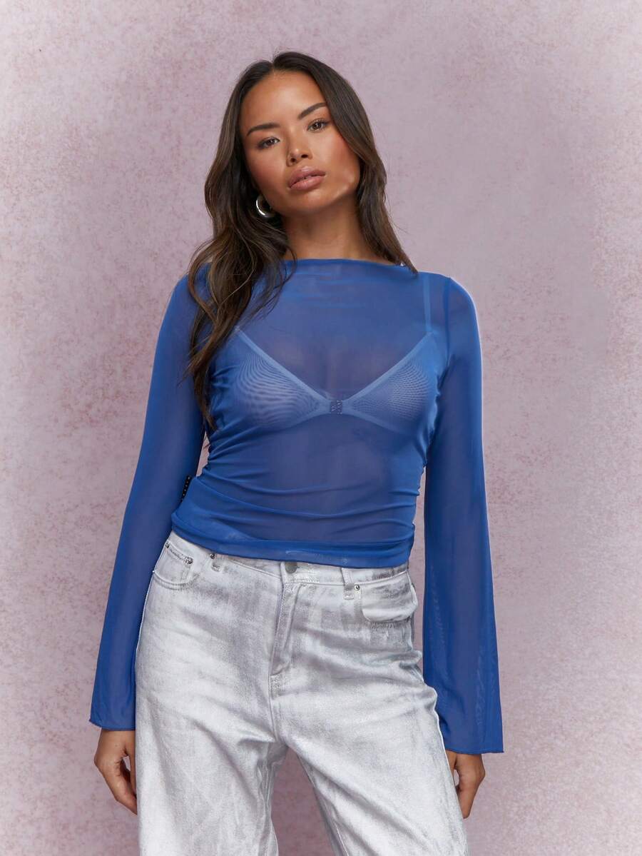 MISSGUIDED Sheer Mesh Cowl Back Long Sleeve Top - Blue - View 1