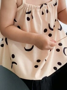 SHEIN Vestido divertido de tirantes con carita sonriente, dobladillo plisado y parches para bebé niña, casual y versátil - Multicolor - Ver 3