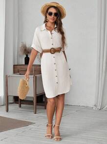 SHEIN LUNE Summer Comfortable Khaki Short Shirt Dress With Linen-Like Texture
