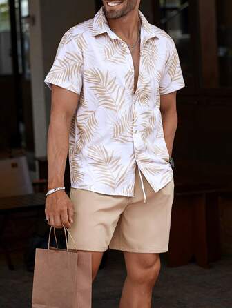 Manfinity CasualCool Männer Hawaiian Tropical Pflanze Muster Kurzarm lässig Shirt Und Shorts Set, Sommer