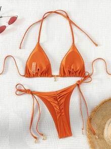Swim Vcay Bộ Bikini Màu Cam Dây Buộc Cổ Cho Nữ, Bộ Bikini Hai Mảnh Đi Biển Mùa Hè - trái cam - Xem 1
